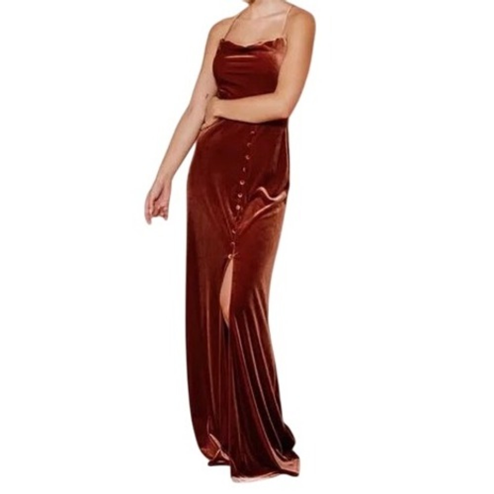 Revelry Billie Velvet‎ Maxi Dress Sz 6 Rust Button High Slit Spaghetti Strap